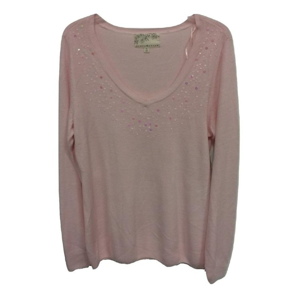 NWT Womens Size XL Debbie Morgan Pink Embellished V-Neck Pullover Sweater